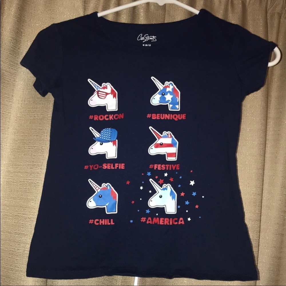 Girls Medium (10/12) Navy shirt with Red, White, Blue Unicorn Patriotic